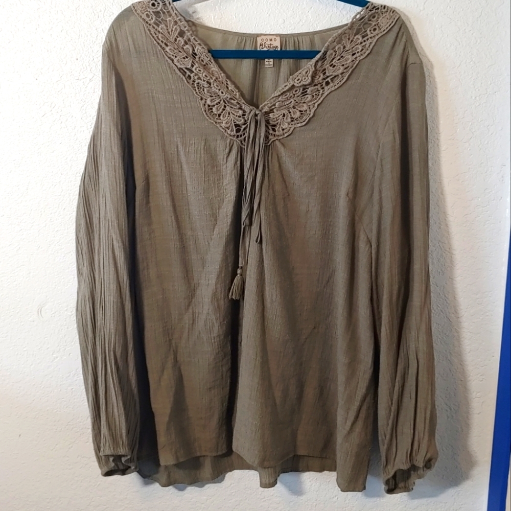 Women's Plus Size Olive Green Como Vintage Crepe Blouse